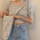 Floral Off-shoulder Puff-sleeve Cropped Blouse Blue - One Size