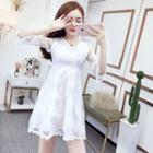 Feather Embroidered Bell-sleeve Mini A-line Dress