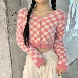 Patterned Cropped V-neck Knit Cardigan Pink - One Size