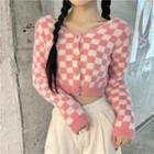 Patterned Cropped V-neck Knit Cardigan Pink - One Size