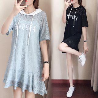 Set: Hooded Short-sleeve Lace Dress + Slipdress