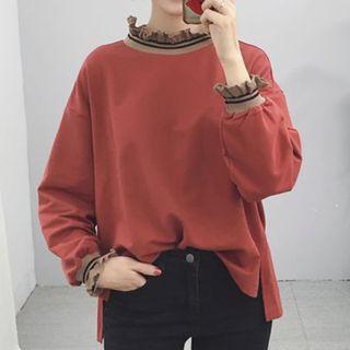 Frill-trim Sweatshirt Tangerine Red - One Size