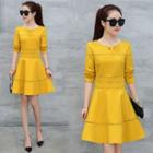 Long-sleeve Crochet-trim A-line Dress