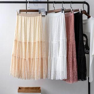 Tiered A-line Midi Lace Skirt