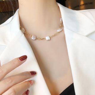 Stainless Steel Faux Pearl Layered Rectangle Pendant Necklace