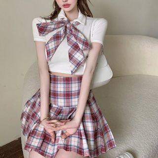 Cropped Polo Shirt With Bowtie / Plaid Pleated Mini A-line Skirt