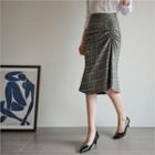 Shirred-front Plaid Skirt