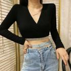 V-neck Cropped Long-sleeve Top Black - One Size