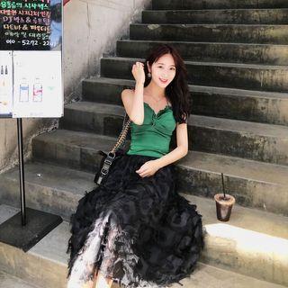 Set: Ruffle Trim Cropped Camisole Top + Fringed Midi A-line Skirt