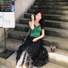 Set: Ruffle Trim Cropped Camisole Top + Fringed Midi A-line Skirt