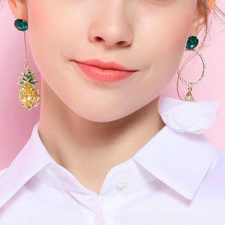 Non-matching Alloy Rhinestone Pineapple Petal & Hoop Dangle Earring 1 Pair - 925 Silver Stud - White & Yellow & Green - One Size