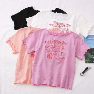 Embroidered Ruffled Crop Knit Top