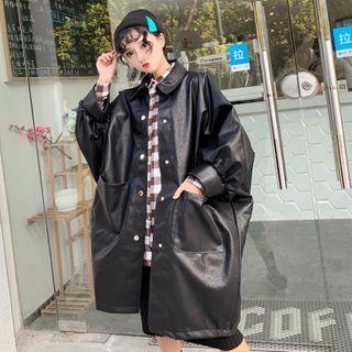 Dolman-sleeve Faux Leather Wide-fit Jacket Black - One Size