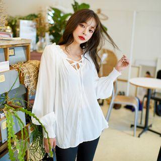 Tie-neck Bishop-sleeve Frilled Top