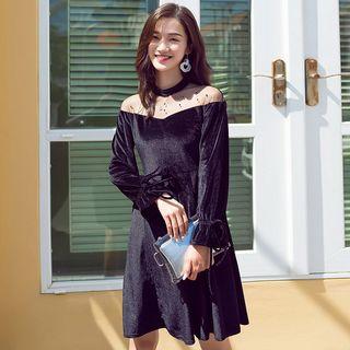 Beaded Mesh Panel A-line Dress