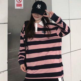 Striped Logo Long-sleeve Polo Shirt Stripe - Pink - One Size