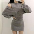 Set: V-neck Sweater + Sleeveless Knit Mini Sheath Dress