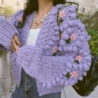 Floral Open-front Chunky Knit Cardigan Purple - One Size