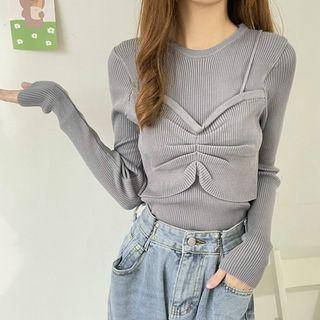 Mock Two-piece Long-sleeve Plain Knit Top