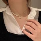 Heart Accent Faux Pearl Panel Choker Necklace Gold - One Size