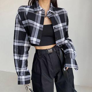 Lightweight Loose-fit Plaid Crop Shirt