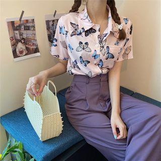 Butterfly Printed Shirt / High-waist Plain Dress Pants
