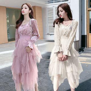 Faux Pearl Long-sleeve Layered Mesh Midi Dress