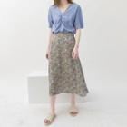 Set: Shirred Short-sleeve Blouse + Floral Midi A-line Skirt