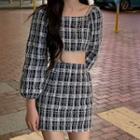Set : Square-neck Plaid Off-shoulder Top + Plaid Skirt