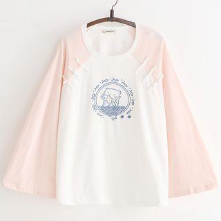 Cat Embroidered Long-sleeve Raglan T-shirt