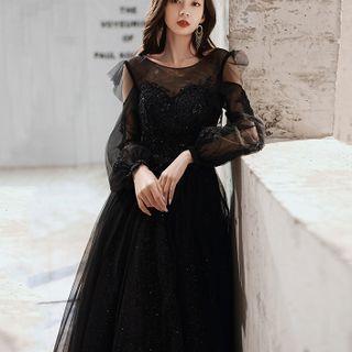 Long-sleeve Beaded A-line Evening Gown