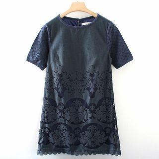 Short-sleeve Lace Panel Printed Dress Navy Blue - M