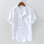 Plain Half-button Short-sleeve Linen Shirt