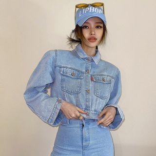 Balloon-sleeve Cropped Denim Jacket Light Blue - One Size