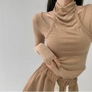 Cowl-neck Mock Two-piece Slim Top