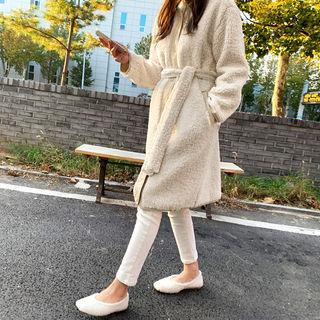 Buttoned Sherpa-fleece Coat & Sash Beige - One Size