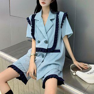 Short-sleeve Ruffle Trim Blazer / Straight Leg Shorts