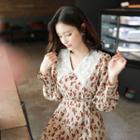 Lace-collar Wide-cuff Long Floral Dress Beige - One Size