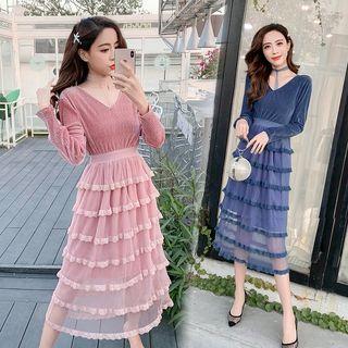V-neck Corduroy Panel Layered Mesh A-line Dress