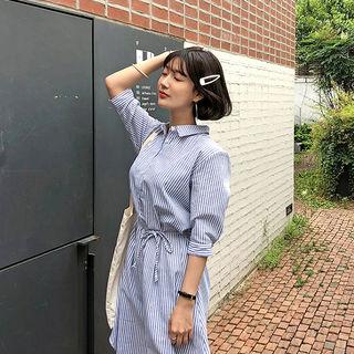 3/4-sleeve Striped Midi Shirtdress