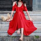 Elbow-sleeve Cold-shoulder Ruffle Maxi A-line Dress
