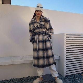 Wool Blend Long Plaid Coat With Belt