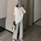 V-neck Elbow-sleeve T-shirt / Wide Leg Pants