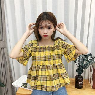 Elbow-sleeve Plaid Top