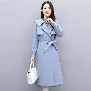 Set: Long-sleeve Floral Print Midi A-line Dress + Double-breasted Trench Coat