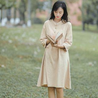 Elbow-sleeve Button-detail A-line Dress
