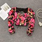 Long-sleeve Floral Top Red Flower - Black - One Size