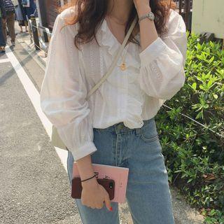 Puff-sleeve Ruffled Eyelet Lace Trim Blouse