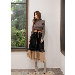 Two-tone Lace-trim Long Pleated Skirt