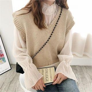 Set: Frill-neck Chiffon Blouse + Sleeveless Knit Top Beige - One Size